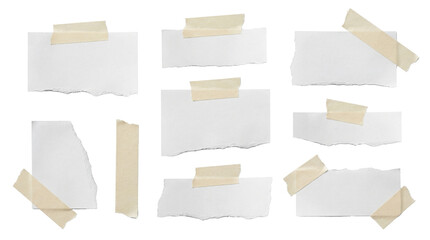 group of small torn paper notes with light beige tape, arranged against a transparent background,...