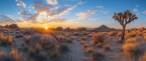 Sunrise starburst over rocky desert with lone Joshua tree, golden grasses and serene warm sky