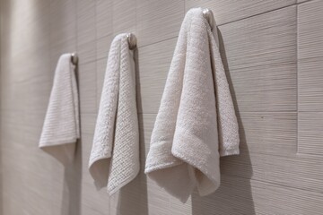 Close up of soft white towel hanging on metal holder against gray textured bathroom wall, showcasing clean modern home interior.