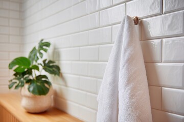 Close up of soft white towel hanging on metal holder against gray textured bathroom wall, showcasing clean modern home interior.