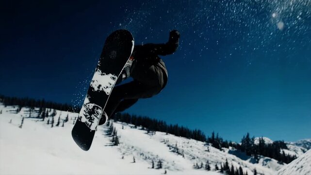 スノーボードの大技エアトリックを捉えたスローモーション映像