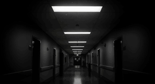 Eerie long dark empty hallway with fluorescent lights. Spooky, mysterious, and desolate institutional corridor in black and white.