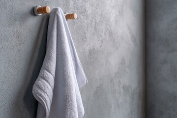 Close up of soft white towel hanging on metal holder against gray textured bathroom wall, showcasing clean modern home interior.