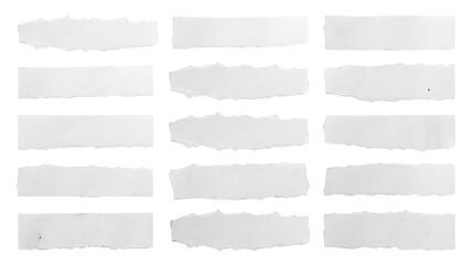 collection of 15 torn white paper strips with varied rough edges, isolated on black for design...