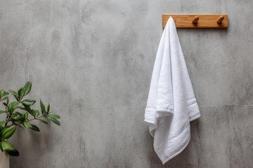 Close up of soft white towel hanging on metal holder against gray textured bathroom wall, showcasing clean modern home interior.