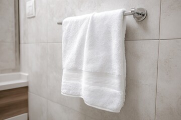 Close up of soft white towel hanging on metal holder against gray textured bathroom wall, showcasing clean modern home interior.