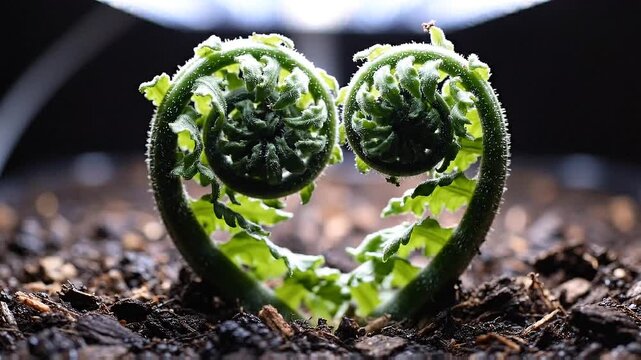 Close-up macro shot of two backlit green fern fiddleheads forming a loving heart shape in dark soil.