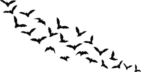 Fototapeta premium Diagonal formation of flying bat silhouettes with varied wing positions, minimal black design for Halloween, gothic, nocturnal, and spooky themed artwork