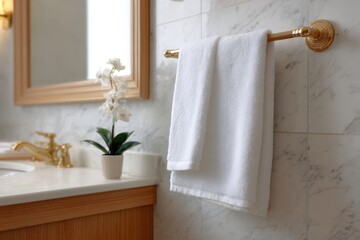 Close up of soft white towel hanging on metal holder against gray textured bathroom wall, showcasing clean modern home interior.
