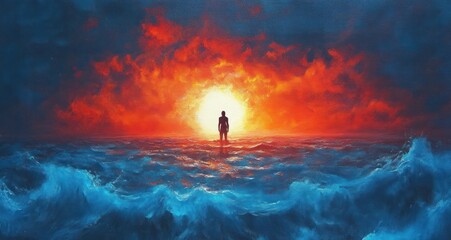 Solitary silhouette standing in churning blue ocean facing a blazing red and gold sun on the horizon, dramatic fiery sky evoking awe and quiet solitude