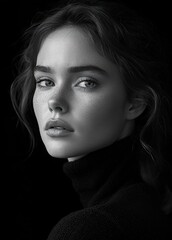 Monochrome profile portrait of a person with wavy gray hair and ear visible, wearing a dark turtleneck against a black background, conveying a contemplative, somber mood