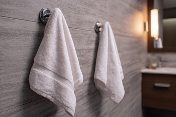 Close up of soft white towel hanging on metal holder against gray textured bathroom wall, showcasing clean modern home interior.