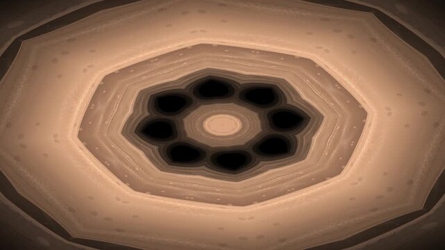 Intricate circular ceiling light fixture with geometric pattern and warm glow.