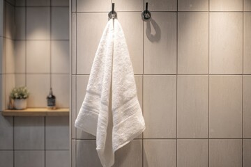 Close up of soft white towel hanging on metal holder against gray textured bathroom wall, showcasing clean modern home interior.