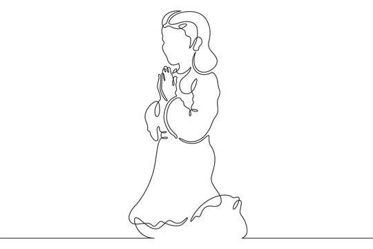 Continuous single line drawing girl praying.Praying female teenager.Church.Faith.Religion. Linear.One continuous line isolated minimalist illustration. Not AI.