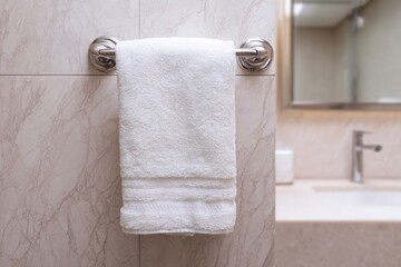 Close up of soft white towel hanging on metal holder against gray textured bathroom wall, showcasing clean modern home interior.