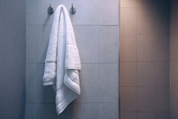 Close up of soft white towel hanging on metal holder against gray textured bathroom wall, showcasing clean modern home interior.