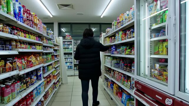 Footage of an interior shot showcasing a well stocked convenience store aisle with various products