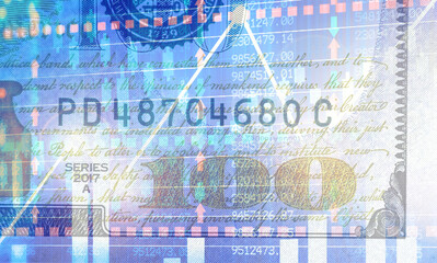 Obraz premium A $100 bill with stock charts and quotes. Business background of money.