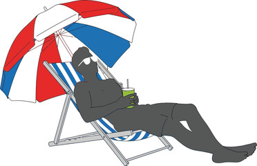 Person silhouette wearing sunglasses relaxes comfortably in a striped beach chair beneath a red, white, and blue umbrella, holding a refreshing green drink.
