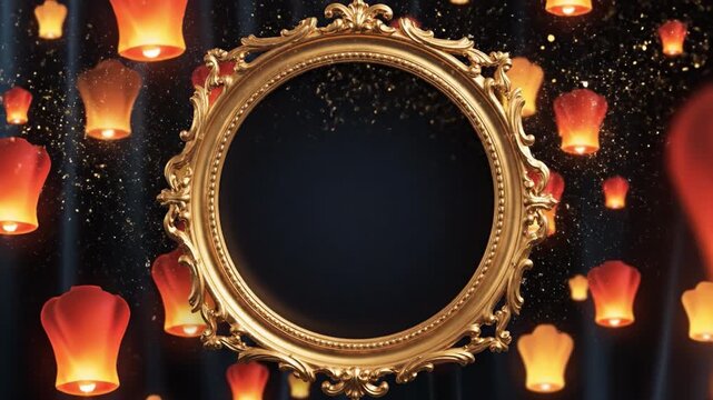 Chinese new year lantern gold frame celebration backdrop festive night sky glowing light decoration ornate circle border luxury design fantasy atmosphere happiness hope wish round mirror festival