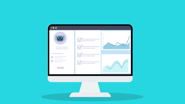 Desktop monitor displaying AI analytics dashboard with charts, profile panel, and performance metrics, representing artificial intelligence monitoring and data visualization interface.
