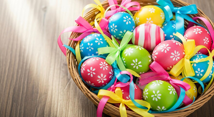 Fototapeta premium Colorful Easter eggs in a basket with decorative ribbons 