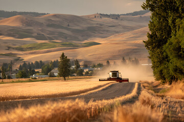 Fototapeta premium Combine harvester working in golden wheat field at sunset
