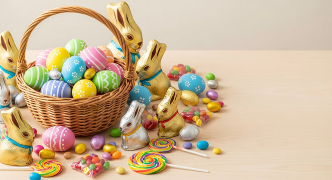 Colorful Easter eggs and candy arranged in a woven basket  