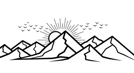 Fototapeta premium Black and White Mountain Landscape Illustration.