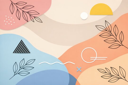 Abstract background with organic shapes and line art leaves Keywords: abstract, background