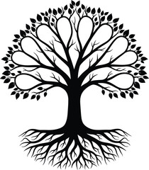 Obraz premium Tree with roots and leaves silhouette