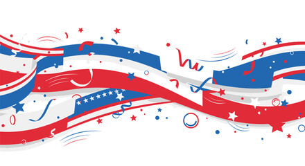 Patriotic ribbon banner with red, white, and blue colors, stars, and confetti, for Independence Day or Memorial Day celebration, Isolated on transparent background, png