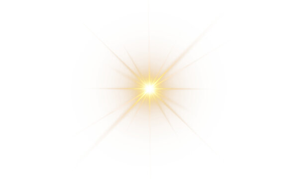 Digital star PNG burst with golden light and glowing sun rays, bright flare and sparkle overlay on transparent background.	