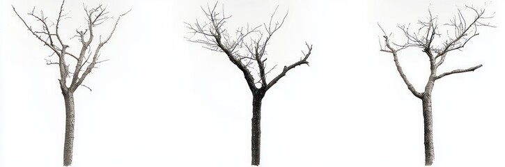 Obraz premium Three bare leafless trees with sparse branches on a stark white background, conveying solitude and quiet minimalism