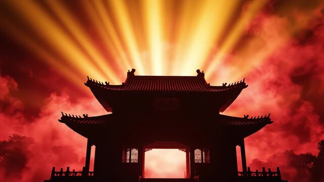 Chinese new year temple red sky sunset light golden ray silhouette gate festival celebration dramatic cloud glow spiritual atmosphere cultural heritage architecture fiery horizon fantasy landscape
