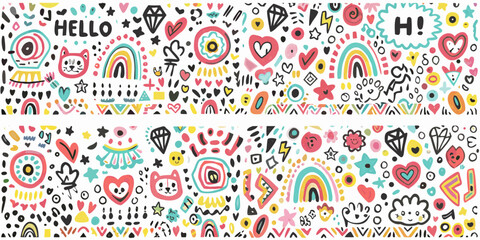 Colorful doodle pattern with hearts rainbows and playful hand drawn elements © Raben