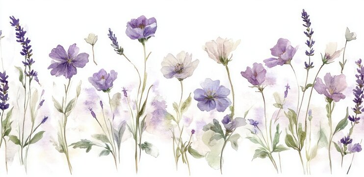 Delicate watercolor row of purple wildflowers and lavender stems with green leaves on a soft white background, evoking calm, dreamy serenity