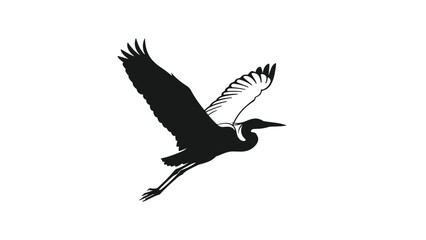 Black silhouette of a graceful heron or crane flying with wings wide open against a plain white background for design projects.