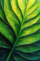 Naklejka premium Close-up of a large textured green leaf with bold central vein and layered veins, vibrant greens conveying lush vitality and calm