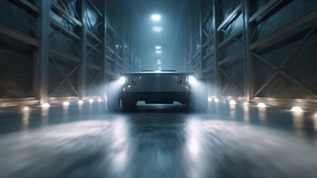 Warehouse Transportation: A lone vehicle, illuminated by its headlights, navigates the expansive aisles of a vast warehouse, symbolizing logistics, transport, and the movement of goods.