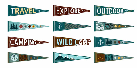 Collection of colorful pennant banners with travel and outdoor themes © Raben