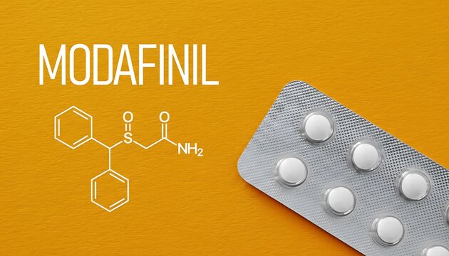 Modafinil blister pack with white pills and chemical structure diagram on orange background featuring medication, pharmaceuticals, healthcare with wakefulness and alertness elements for cognitive