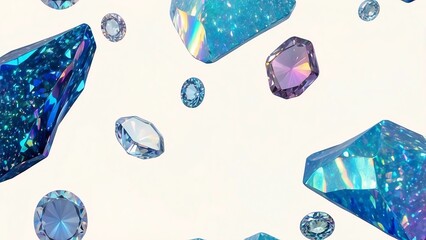 キラキラした宝石のようなキラキラと輝く鉱物が堕ちてくる白背景