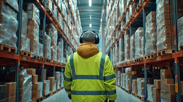 Warehouse Worker's Journey: A worker, head encased in protective headphones and clad in a safety vest, walks purposefully through a warehouse, boxes stacked high on shelves on either side.