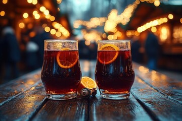 Fototapeta premium Two glasses of warm spiced drink with orange slices and a cinnamon stick on a wet wooden table at an outdoor evening market with glowing string lights, cozy festive atmosphere