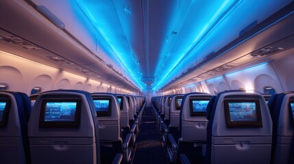 Fototapeta premium Empty airplane cabin with blue mood lighting and individual entertainment screens. Modern comfortable aircraft interior for comfortable journey.