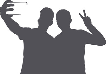 Male friends pose for a selfie, with one holding a smartphone up to capture the moment and the other making a peace sign, depicted as dark silhouettes against a bright background.