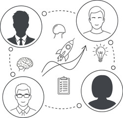 An intricate business infographic illustrates collaborative teamwork and the process of idea generation, featuring diverse user profiles connected by concepts like innovation, planning,.