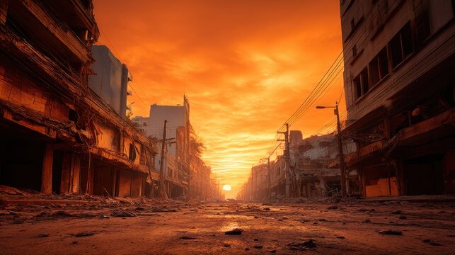 Destroyed city street with ruined buildings at sunset, symbolizing disaster, aftermath of war, or apocalypse. Landscape for game background.
